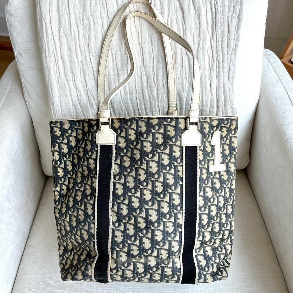 Christian Dior Diorissimo Monogram Shopper Tote Navy and White